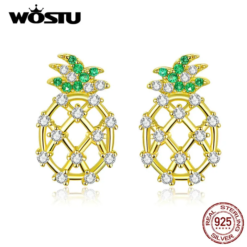 WOSTU Real 925 Sterling Silver Openwork Pineapple Stud Earrings For Women Gold Color Small Earrings Wedding Jewelry Gifts BKE728