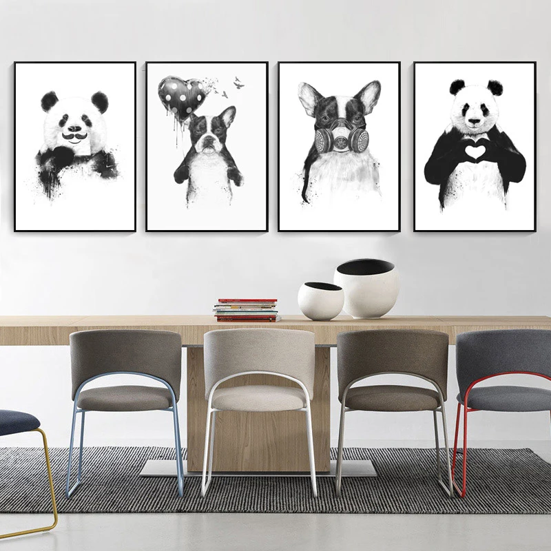 Cute Dog And Panda Canvas Painting Funny Animals Canvas Art Quote