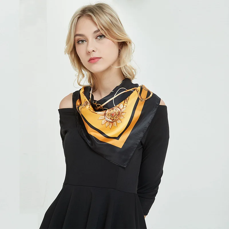 Новый Для женщин шелковая черного и золотого цвета набивной шарф платок для