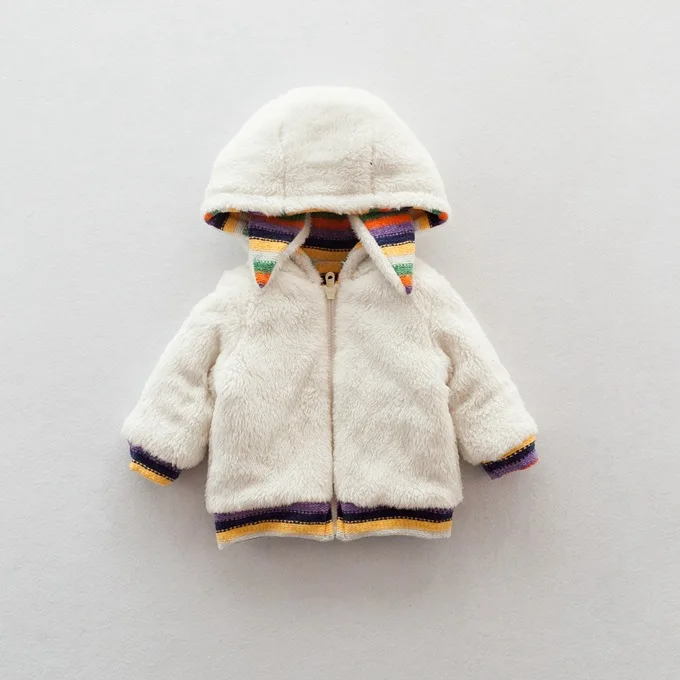 Mini Babe City Clothes for Babies Color Stripes Hooded Kids' Overcoat Long Sleeve plus Velvet Cardigan Winter Baby out Clothes