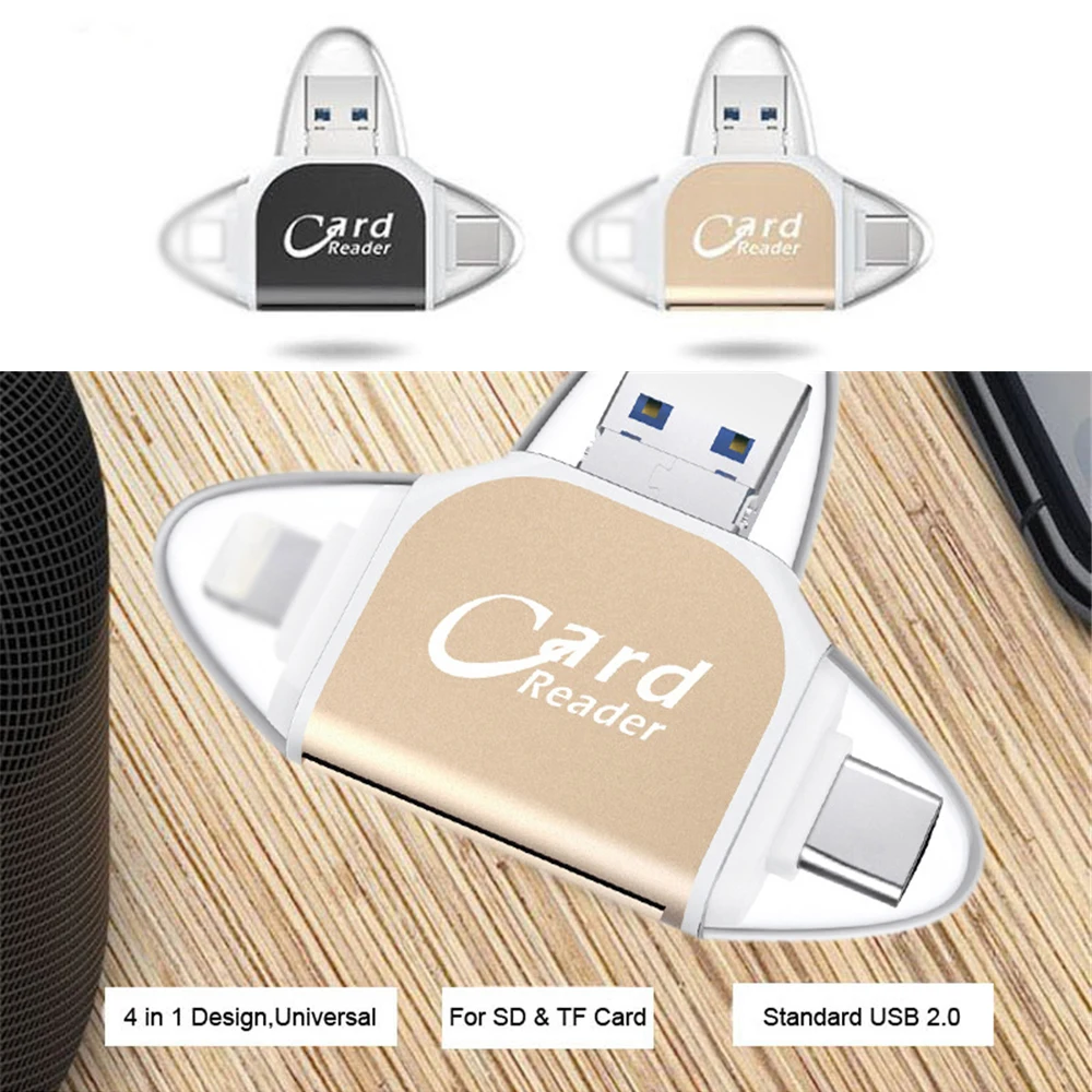 4 в 1 металлический кардридер(type C/Micro-USB/Usb Tf Sd) для Ipad для Iphone X 7 8 Plus 5 6 6 S, устройство для чтения карт памяти для samsung S8+ S6