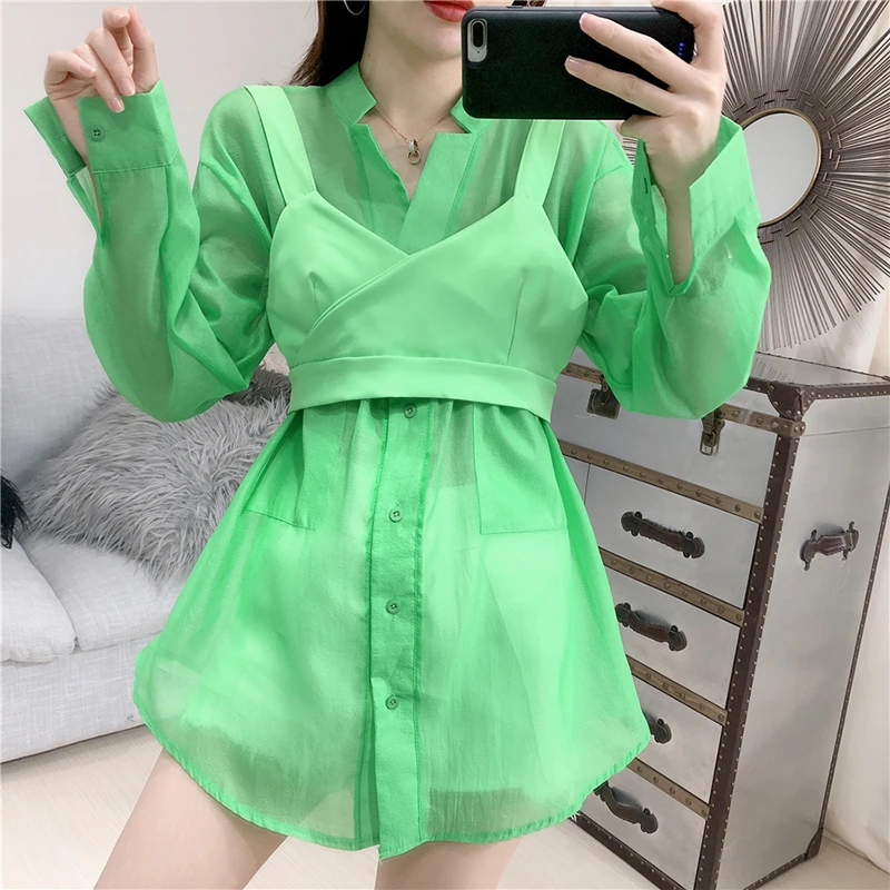 

CHICEVER Korean Perspective Two Piece Set For Women V Neck Lantern Sleeves Sunscreen Shirt Bandage Tunic Vest Suit Female 2020