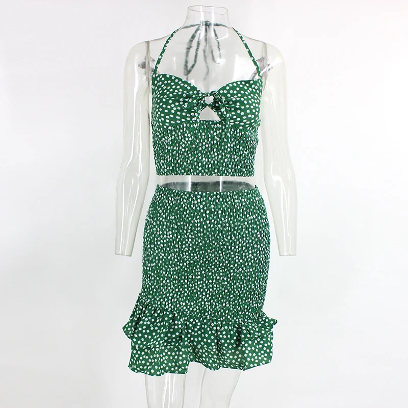 Feditch Ruffle floral print summer Women Sets Halter sleeveless short Crop Top And Skirts 2020 female chic Vintage Beach Wear