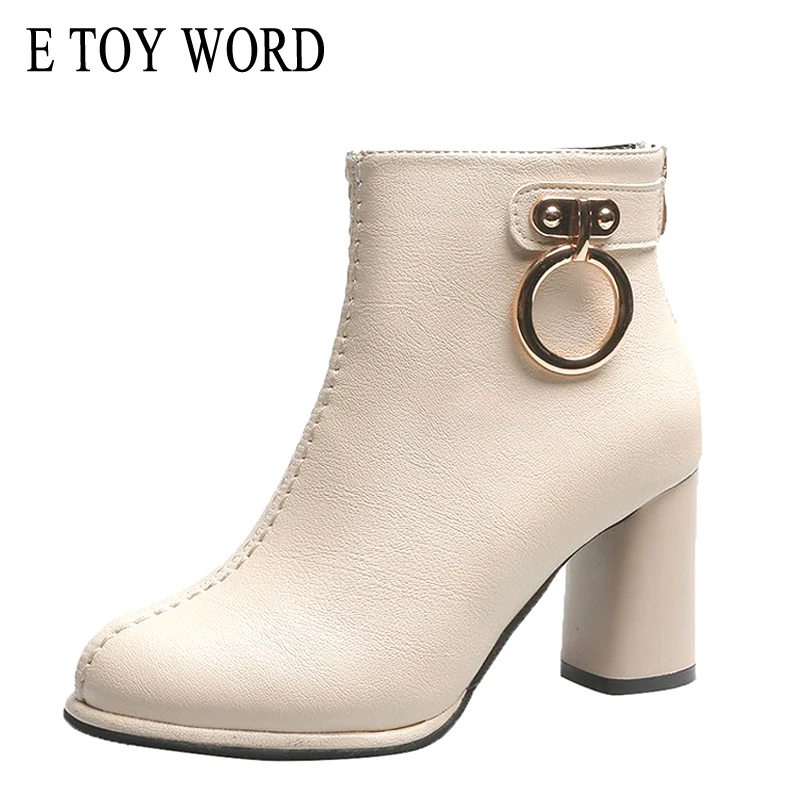 

E TOY WORD High-heeled Booties 2019 Autumn New Women Ankle Boots round head Martin boots fashion leather shoes thick heel boots