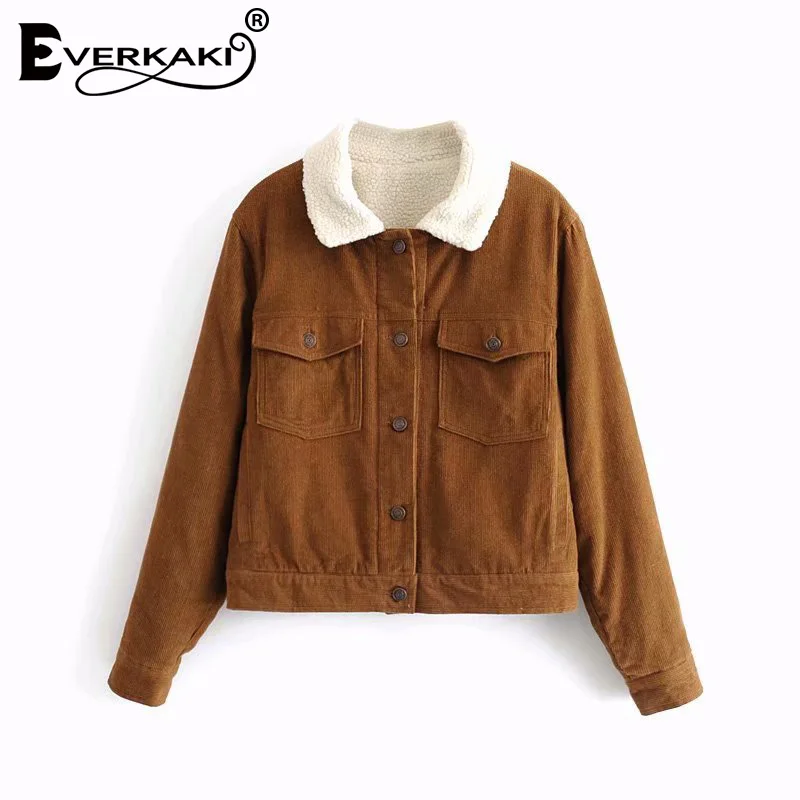 Everkaki Boho вельветовые куртки пальто для женщин осень зима овечья шерсть внутри Твердые толстые теплые женские куртки пальто женские Новинка - Цвет: Brown