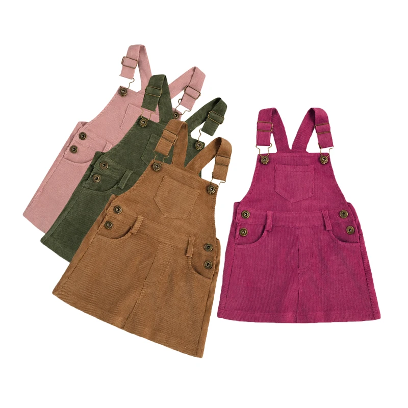 

Lovely Infant Kids Girls Overalls Dress Solid Corduroy Sleeveless Button A-Line Knee Length Dress 0-4Y