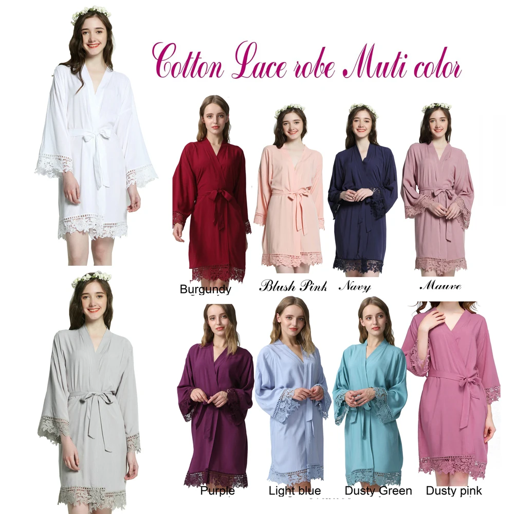 

YUXINBRIDAL 2019 New Burgundy Solid Rayon Cotton Bridesmaid Robes with Lace Trim Women Wedding Bridal Robe Kimono Bride Robes