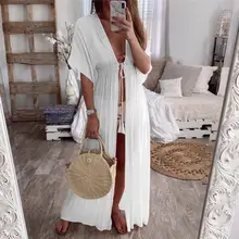  2022 Summer Solid Lace Beach Cover Up Long Cardigan Lace Up Swimwear Beach Dress Kaftan Beach Wear Swimsuit Pareo Saida De Praia 