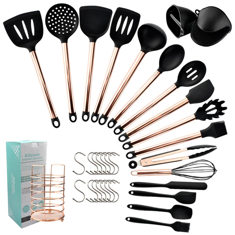 

Best Silicone Cooking Utensil Set Wooden Handle Spatula Soup Spoon Brush Ladle Pasta Colander Non-stick Cookware Kitchen Tools