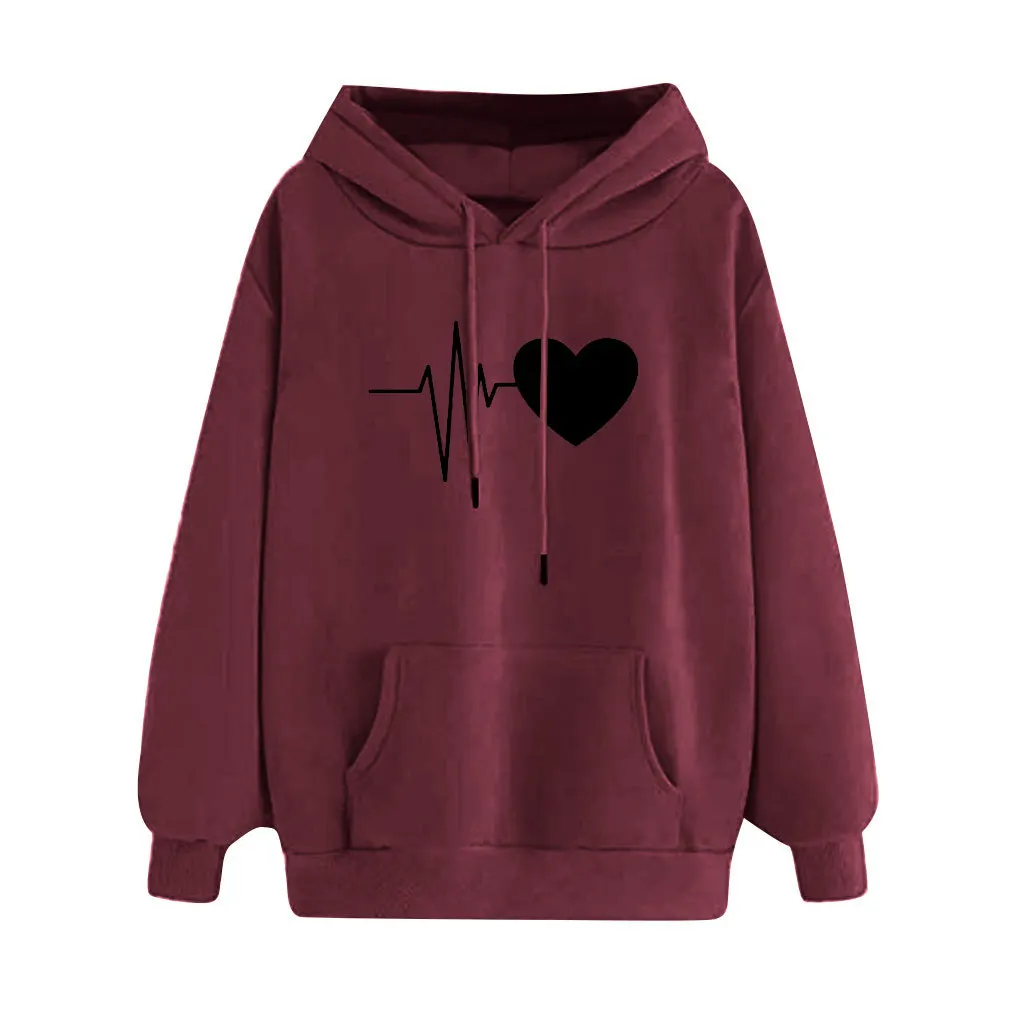 Printed Pocket Hooded Women hoodie sweatshirt Long Sleeve Cotton Electrocardiogram Print Hoodies for girls Pocket hoodie