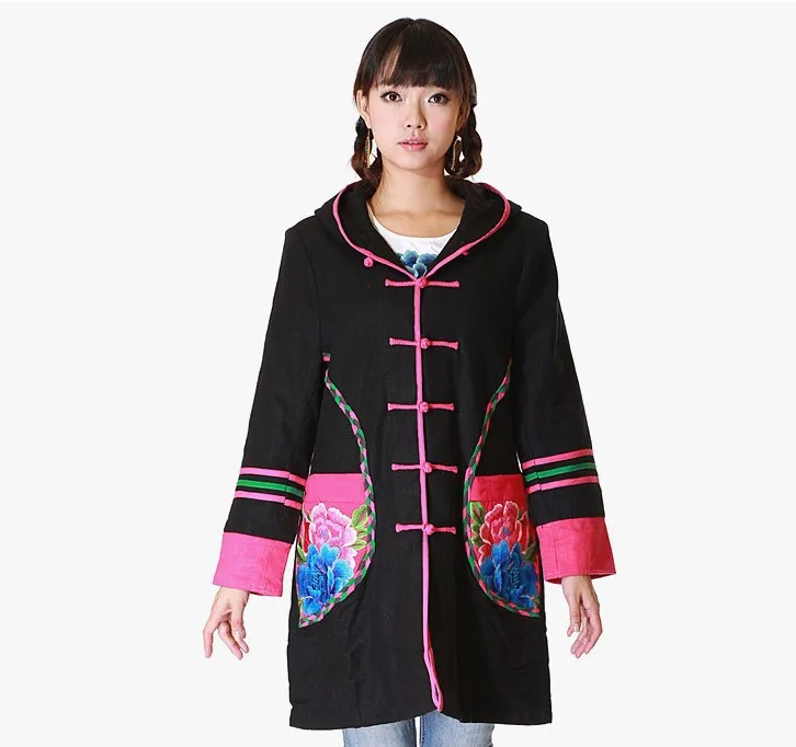 Special Offer Not National Wind Winter Cotton-padded Clothes WOMEN'S Dress Zhu Section Linen Embroidered Cotton Coat Mid-length