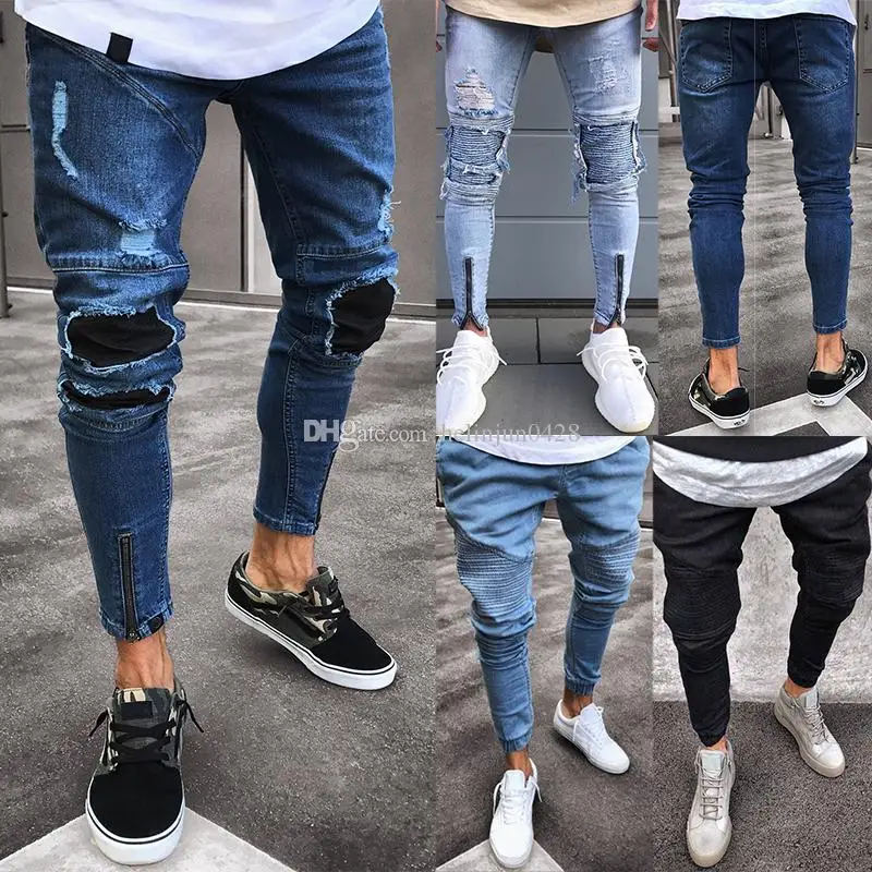 

Men's 3 Styles Skinny Biker Jeans for Young Boy Slim Fit Draped Zipper Denim Pencil Pants Male Casual Trousers Gentleman biker