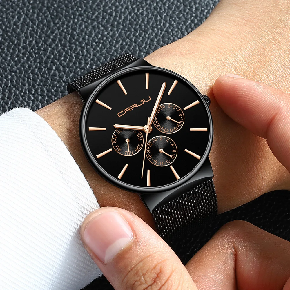 

Crrju/ka jun New Style 2155 MEN'S Watch Multi-functional Chronograph Watch Stainless Steel Net MEN'S Watch Fashion