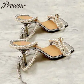 

Prowow New Summer Elegant Pearl Bowtie High Heel Sandals Open Toe Thin HIgh Heel Sandals Shoes Women