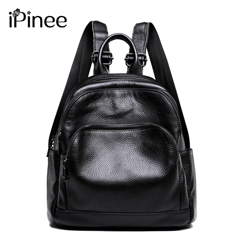 

iPinee 100% Genuine Cow Leather Women Backpack First Layer Cowhide Black Backpacks Travel Book Shopping Bag