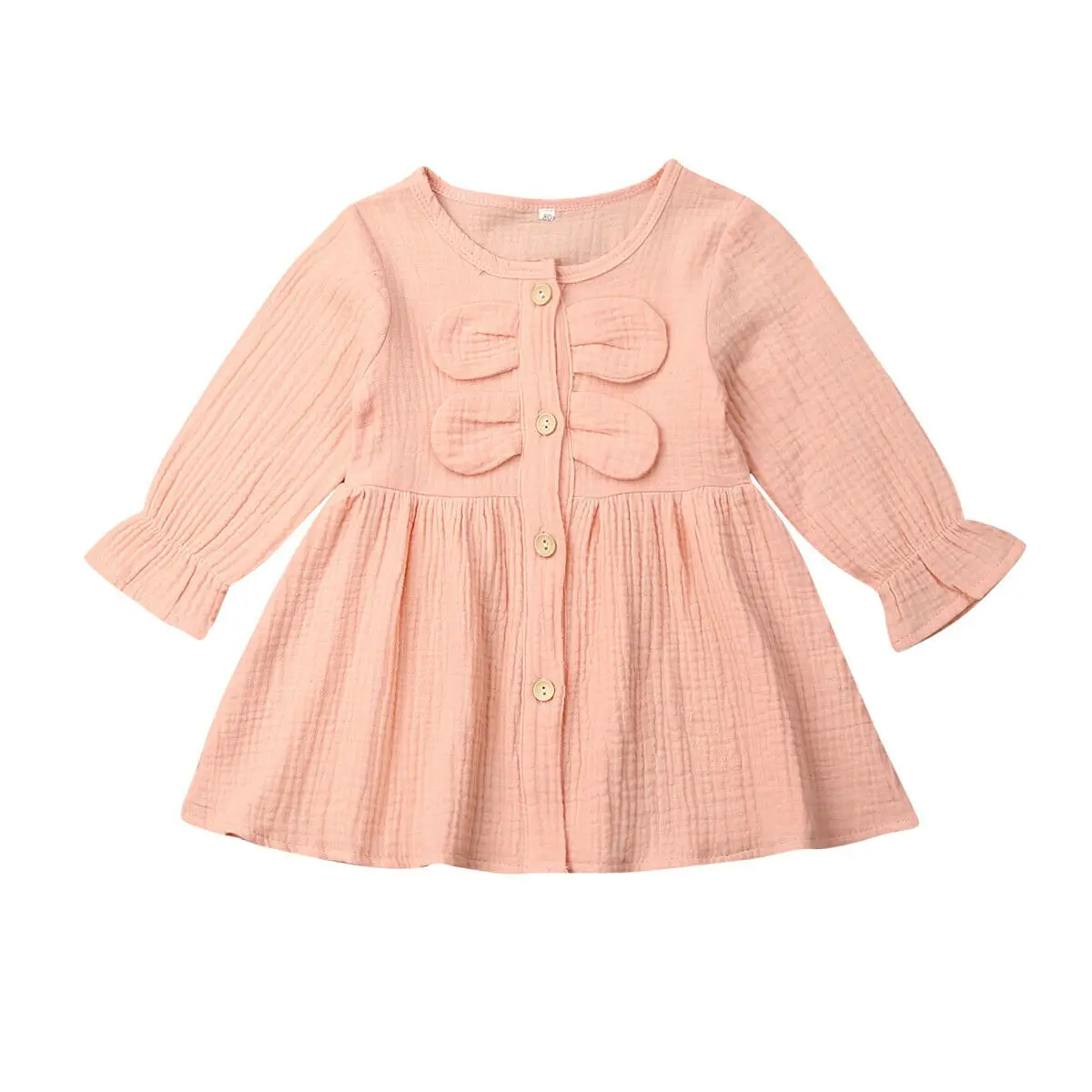 Платье для маленьких девочек однотонное платье из хлопка и льна одежда принцессы с длинными рукавами на пуговицах и оборками 3 цвета - Цвет: Розовый