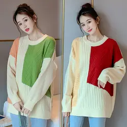 Контрастная цветная одежда для беременных осенний зимний пуловер свитер для беременных Повседневный корейский вязаный свитер для