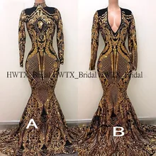 Длинные сверкающие платья для выпускного вечера сексуальное платье русалки с длинными рукавами с золотыми пайетками кружевное Африканское платье для выпускного вечера вечерние платья по индивидуальному заказу