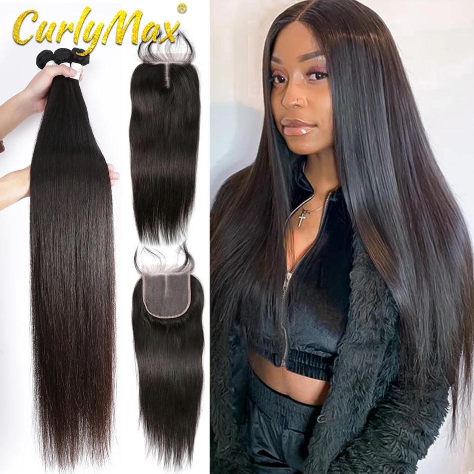 Max Em Linha Reta Cabelo Humano Peruano encaracolado 3 4 4 Pçs/lote Total de Pacotes Com Fecho Virgem Fechamento Do Laço Do Cabelo da Extensão Do Cabelo