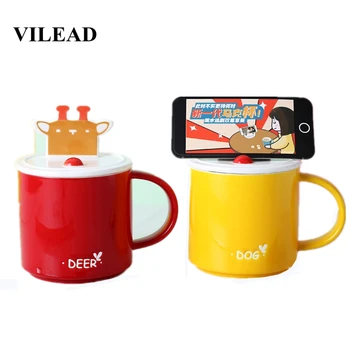 

VILEAD 400ml Ceramic Cartoon Animal Mobile Phone Holder Mug With Lid Spoon Cute Student Couple Gift Milk Coffee Cup Teacup Kids