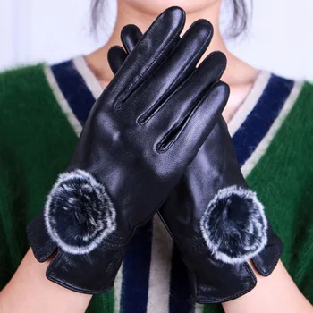 

Winter Women Genuine Leather Gloves Black Woolen Invierno Mujer Solid Fashion Christmas Gift from China