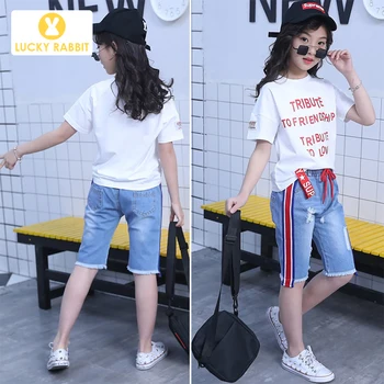 

Fashion 2019 Little Girl Cool Kids Clothes Two-Piece Set T-Shirt Jeans Matching Short Jeans And Top Sets Outfits Boy Clothes
