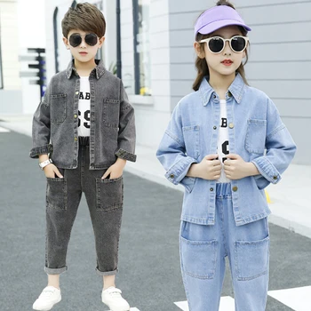 

Unisex Casual Kids Long Sleeve Pocket Denim Jacket Boys Girls Autumn Outfit Korean Style Design Jeans Girls Clothes
