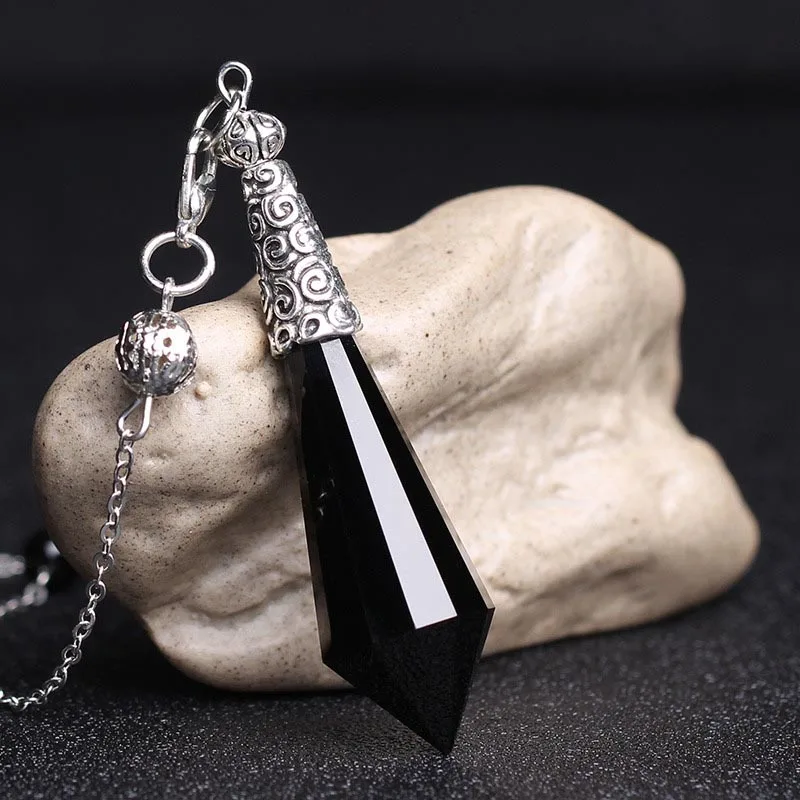 New Natural Black Obsidian Pendulums For Dowsing Reiki Chakra Healing Crystalscharms Necklace filigree Pendant 3