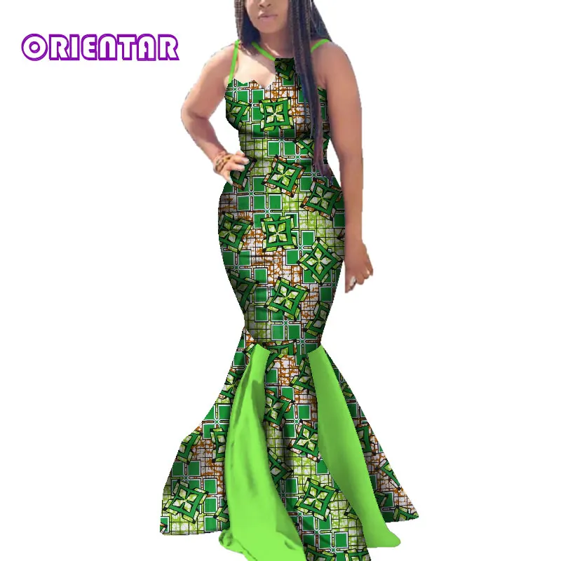 

African Dresses for Women Batik Wax Print Bodycon Long Dress Lady Elegant Off Shoulder Strap Evening Party Mermaid Dress WY3669