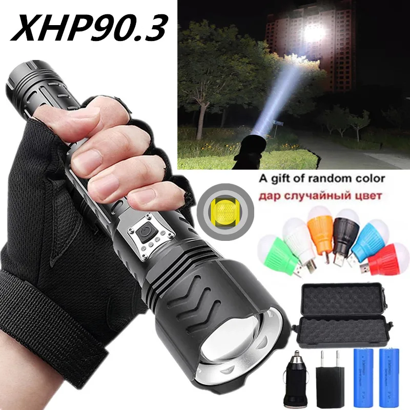 

60000LM XHP90.3 Powerful Flashlight Torch Battery 10000mah Rechargeable XHP70 Led Flashlight Tactical Flash Light USB Zoom Lamp