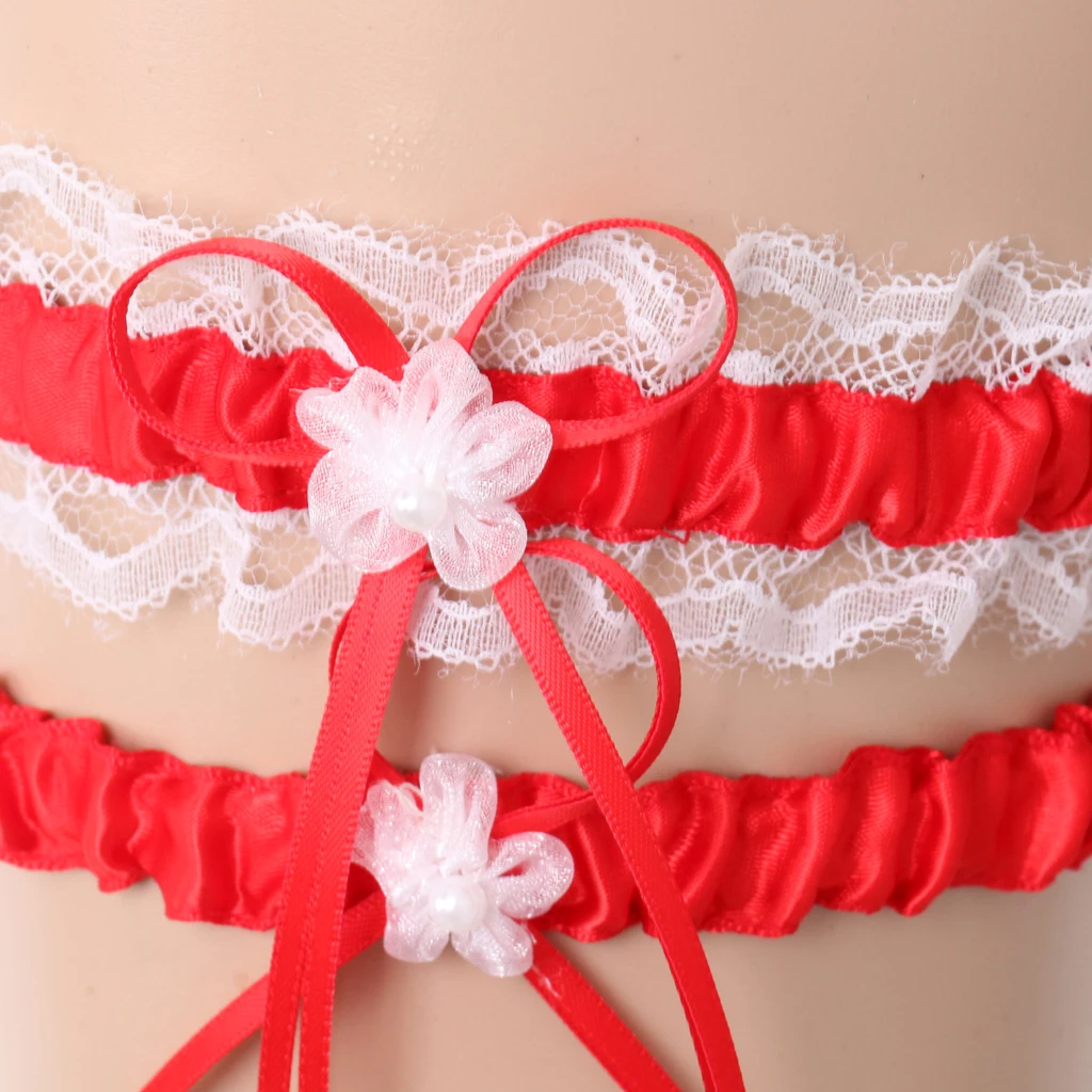 2Pcs Rustic Bridal Wedding Garter Floral Stretch Bridal Lace Satin Bowknot Thigh Ring Soft Socks Hen Party Lace Pearls Garter