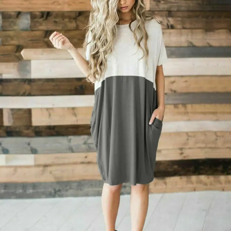 

2019 Summer Loose Women Ladies Patchwork Dress Shortsleeve O-Neck Baggy Dress Fashion Pockets Dresses Women Knee-Length Dress