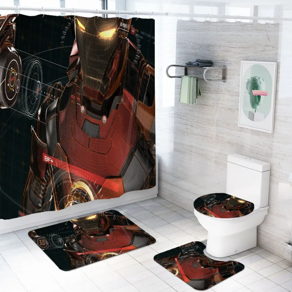 

4PCS Bathroom Decor Mat Set Iron Man High-tech Armor Interface Shower Curtain Mold Proof Bath Screen Non-slip Rug Toilet Carpet