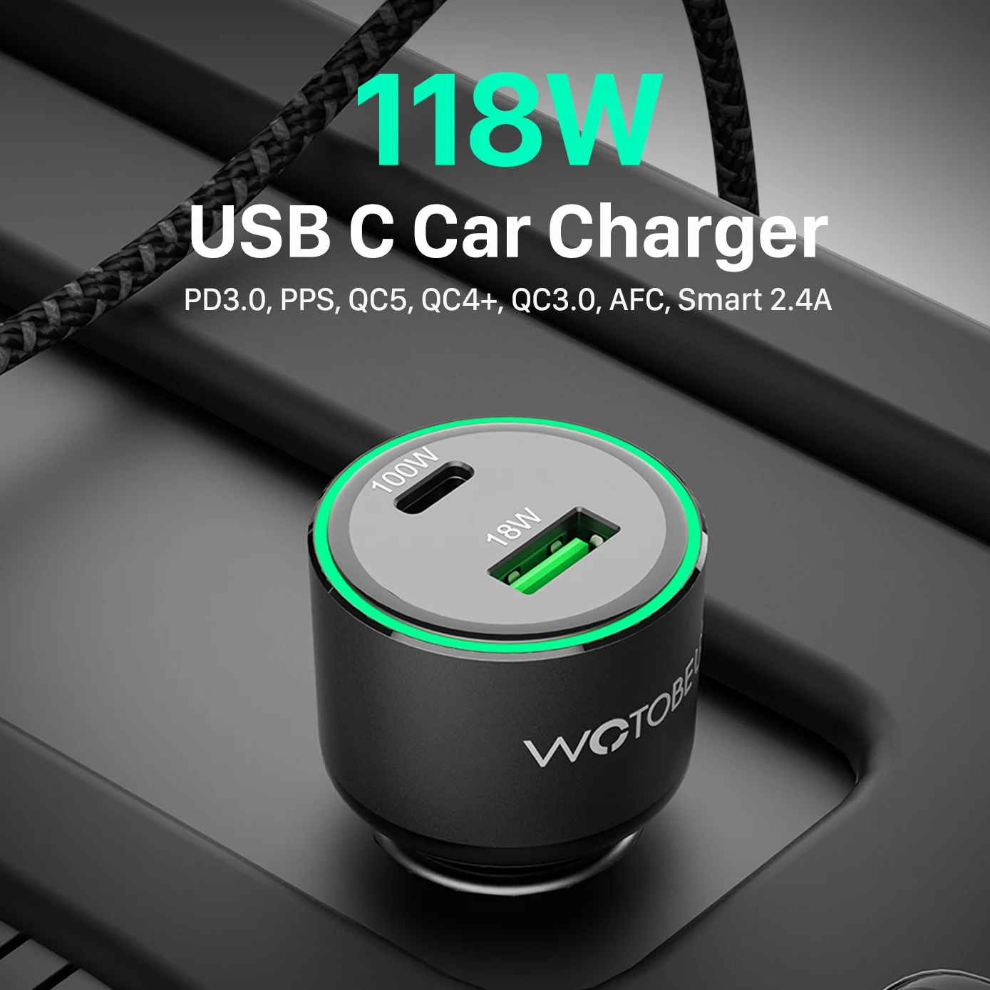 WOTOBE USB C Car Charger 118W, QC5 PD 100W PPS 45W 30W QC3.0 18W for xiaomi Lenovo Type-C laptop MacBook iphone 13 Samsung S21 dual usb c car charger