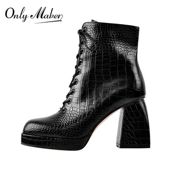 

Onlymaker Women's Square Toe Black Stone pattern Patent Leather Side Zip Ankle Booties Sexy Lady Platform Big Size Boots