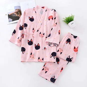 

Spring Autumn Sleepwear Long-sleeved Plus Size Pijama Cute Cartoon Crepe Cotton Pyjamas Japanese Ladies Kimono Pajamas Set Wome