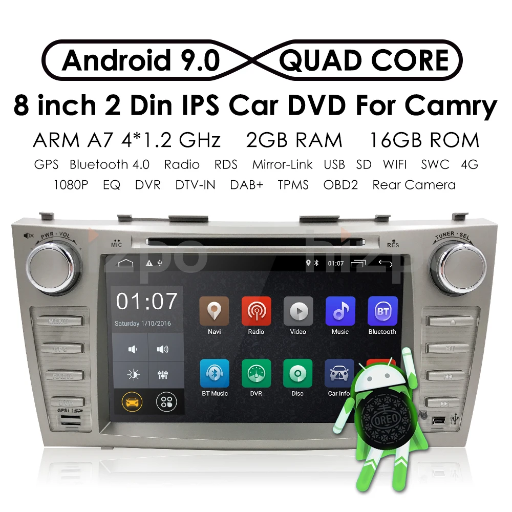 Sale Android 9.0 Quad Core 8" Car DVD Player For Toyota Camry 2008-2011 GPS Navi Support DAB+ SD/USB Touch Screen Radio mp3 Bluetooth 1