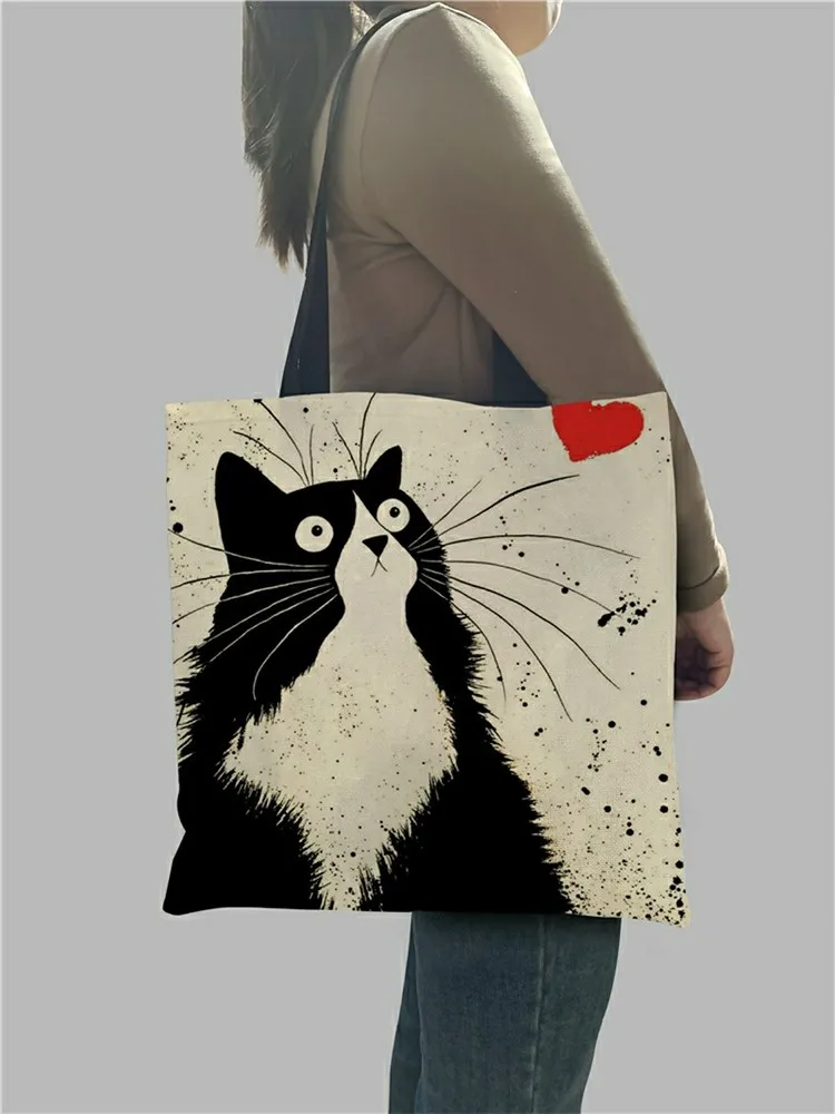 Ladies Handbag Travel Bag Tote Shopping Bag Cute Cat Printing Women Handbag Linen Totes Print Casual Traveling Beach Bags
