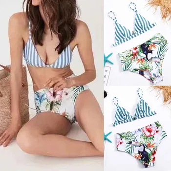 

Bikini Split Swimsuit 2020 Women Print Tropical Stripe High Waist Bikini Set 2pcs Swimwear Beachsuit Brazilian Biquini ##0