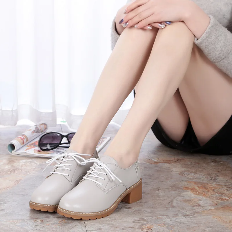 

2017 Spring And Autumn Deep Mouth Leather Shoes Lace-up WOMEN'S Thin Shoes Casual Light Color Semi-high Heeled Rubber Sole