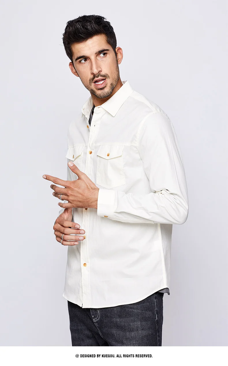 KUEGOU 2019 Осенняя хлопковая белая рубашка с вышивкой мужская повседневная приталенная рубашка с длинными рукавами для мужчин, модная