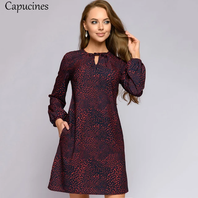 Capucines Printed Loose Straight Mini Dresses For Women Autumn Long Sleeve O Neck Casual Lace Up Party Woman Dress Plus Size 4