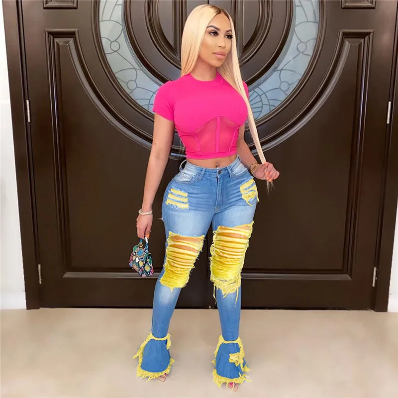 

2020 Women Korean Slim Fit Jeans Color Contrast Patchwork Tassels Ripped High-waist Ruffles Denim Jeans Hole Flare Pants