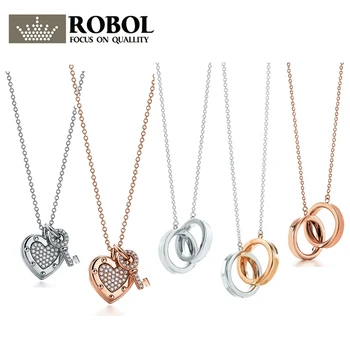 

38 High Quality Original 925 Sterling Silver Jewelry Double Circle Key Heart Necklace Woman Jewelry Gift Free Shipping