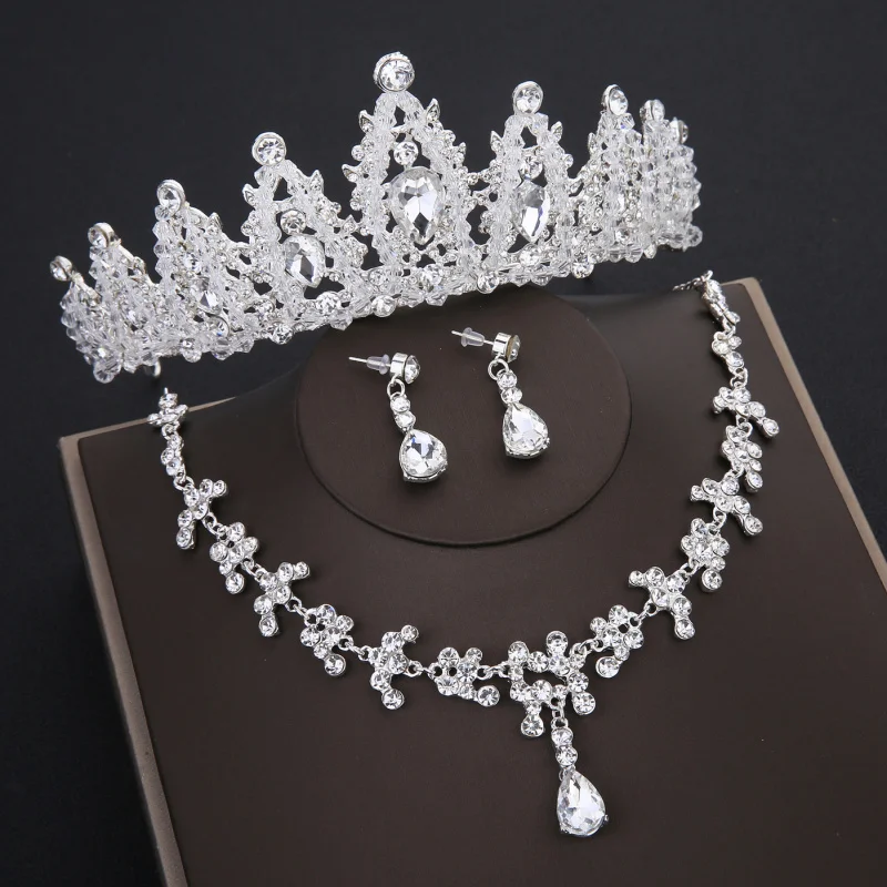 Bridal Jewelry Set Rhinestone Crystal Gold Tiara Silver Crown Earrings for Wedding Necklace Set Accessories Bride Luxury Jewelry (12)