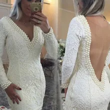 Elegant Backless Homecoming Dress A-Line/Princess Long Sleeves V-neck Lace Pearls Short/Mini Dresses for Dress