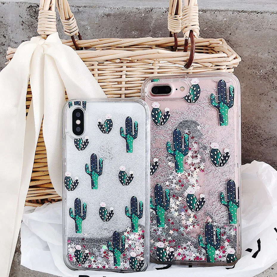 

luxury liquid quicksand case for iphone xr 7 11 pro max x xs 7plus 8plus 8 6 silver sand green botany cactus pattern transparent