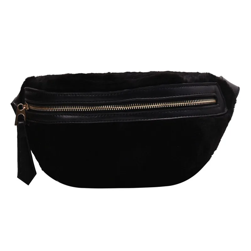 Black Wool Plush Waist Bags Women Money Belt Bags Luxury Design Ladies Chain Waist Packs Purse Female Shoulder Fanny Bags#40 - Цвет: Black