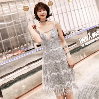 

Spaghetti Strap Lady Formal Party Gown Elegant Silver Sequins Qipao Sexy Tassel Short A-line Cheongsam V-neck Vestidos De Festa