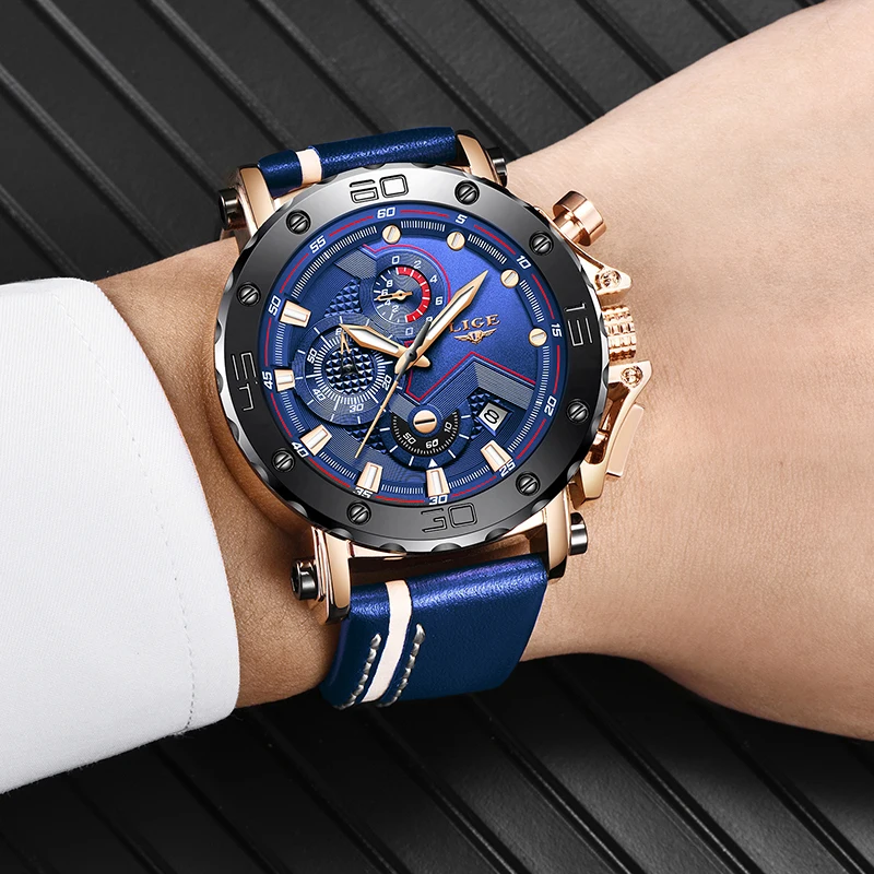 Lige Mens Watches Top Brand Luxury Fashion Military Quartz Watch Men Leather Waterproof Sport-5
